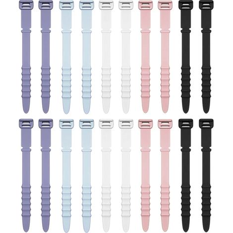 Élastiques en silicone réutilisables, lot de 20 élastiques pour la gestion des câbles, organisateur de câbles élastique pour la maison et le bureau. Blanc, noir, rose, violet et bleu. (1/5)