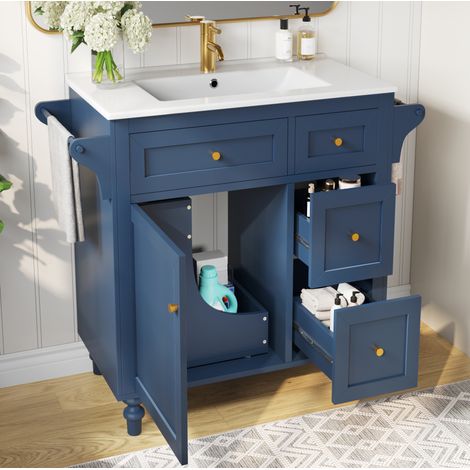 REDOM - Meuble vasque de salle de bain 99.5x45x86 cm, 2 tiroirs, étagère coulissante, porte serviette, MDF bleu (1/5)