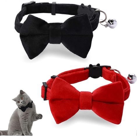 HONORNIC - Ensemble de deux colliers pour chat en velours avec nœud papillon et clochette, réglables. (1/5)