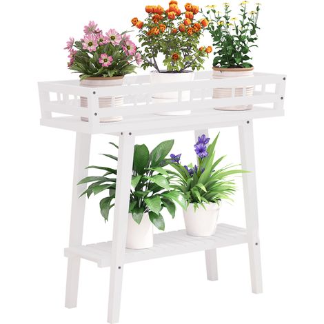2 Tier Tall Plant Stand Table Indoor Outdoor Plant Shelf Flower Display White (1/5)