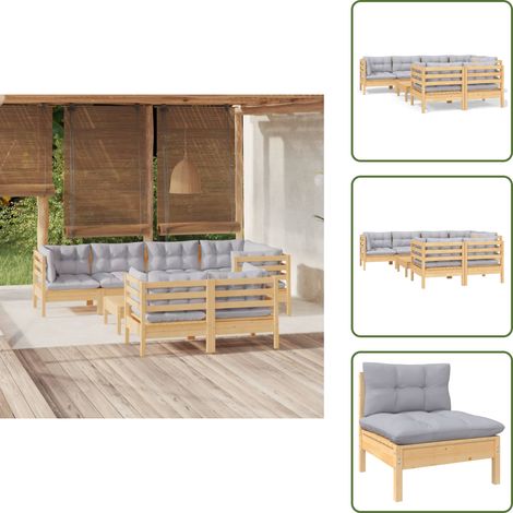 8-tlg. Garten-Lounge-Set mit Grauen Kissen Kiefer Massivholz - Gartenmöbel - Lounge Set - Garten-Sofa - Rattan Möbel - Outdoor Furniture