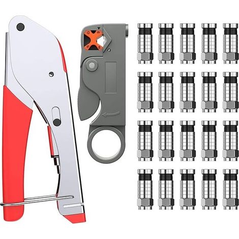 Ensemble d'outils de sertissage Type F Outil de sertissage de fil + Ciseaux rotatifs coaxiaux + 20 pièces Connecteur à sertir coaxial Outil de dénudage coaxial portable (1/4)