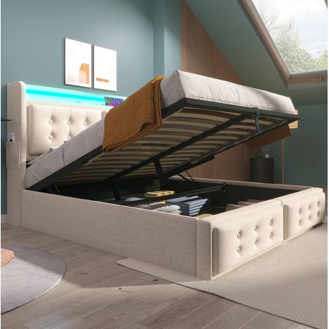 Bettgestell 140x200 cm Beige aus Baumwoll-Leinen mit LED-Beleuchtung, Steckdosen, USB-C und Stauraum (1/5)