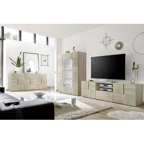 REBECCA - Ensemble Meuble TV 181 cm + Buffet 3P Aspect Bois Samoa Relief Damiers (1/5)