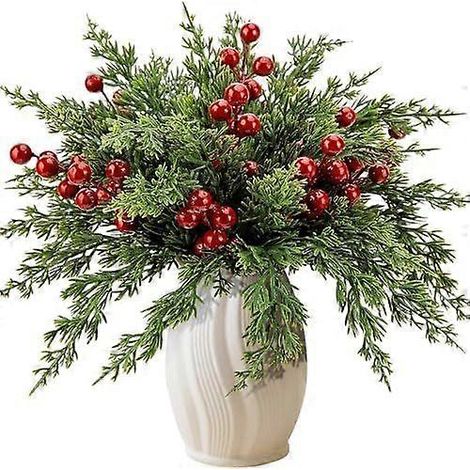 Étoile violette - 45 branches de pin artificielles de Noël avec tiges de baies rouges - 26,7 cm - Faux sapin de Norfolk - Tiges de cyprès - Feuillage artificiel (1/4)
