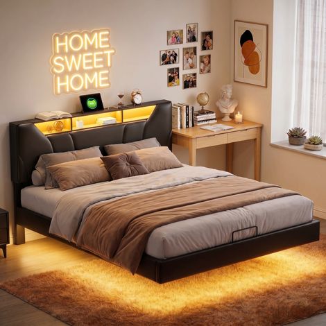Letto contenitore 160x200 cm in ecopelle con LED regolabile e USB Type-C, letto matrimoniale idraulico