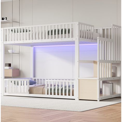 Etagenbett MDF und Metall Weiß 90x200 cm mit Stauraumleiter, LED und Schutzgittern (1/5)