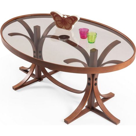 Couch-Couchtisch Sommo, Gehärtetes Glas, oval, Gestell Glas, 112x78x47 cm, Braun-Nussbaum