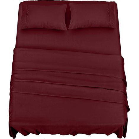 Parure de lit en microfibre de polyester (4 pièces, bordeaux) : 1 drap-housse 150 x 200 cm, 1 drap plat 266 x 259 cm et 2 taies d’oreiller 50 x 75 cm (1/5)