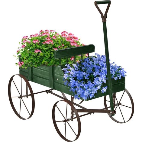 Facile à Déplacer Chariot Jardinière en Bois de Sapin Bac à Fleurs Charrette sur Roues 2 Bacs Jardin Vert (1/5)