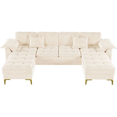 Sofá esquinero en U de 4 a 5 plazas modular con 2 chaise longue, 2 cojines, chenilla beige (1/5)