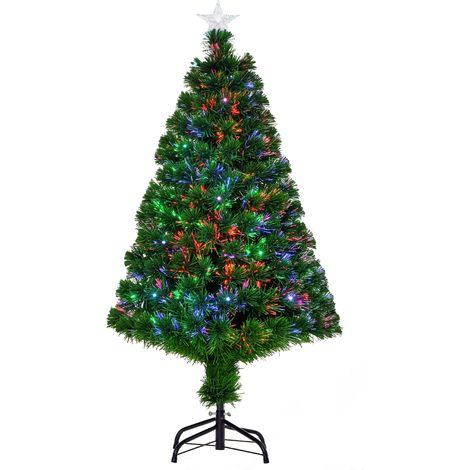 Albero di Natale artificiale con luci, alto 120 cm, fibra ottica LED multicolore + supporto, 130 rami, puntale a stella, verde brillante (1/5)