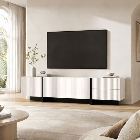 Mueble TV 190x35x45 cm de MDF blanco y negro con almacenaje FloraGrace (1/5)