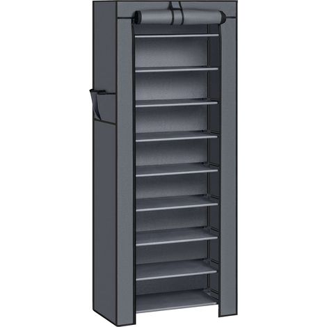 Étagère à Chaussures en Tissu à 10 Niveaux, Meuble de Rangement 28 x 58 x 160 cm, avec Housse de Protection, Chaussures de Sport, Talons Hauts, Pantoufles, Cadre en Métal, Gris (1/5)