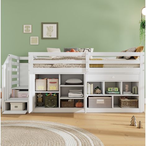 MODFU – Letto per bambini 90x200 cm in legno bianco con scala, vani contenitore e scrivania reversibile – Bianco (1/5)