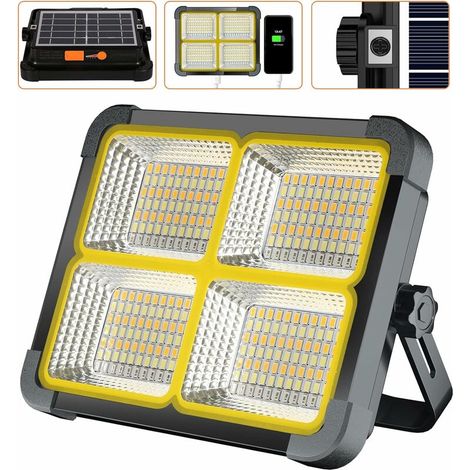 Projecteur LED Rechargeable 336 LEDs/ 100W/ Panneau Solaire/ 4 Modes d'éclairage/ Batterie Externe 12000mAh/ Absorption d'aimant, Idéal pour Camping, Travail, Pêche, Couleur Noire [Classe énergétique (1/2)