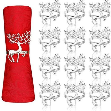 Lot de 12 ronds de serviette de Noël en forme de renne, 6 cm, argentés, pour décorer votre table de Noël. (1/5)