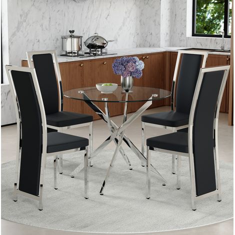 Conjunto de comedor (88x88x75 cm), mesa redonda de vidrio templado con 4 sillas de PU, metal negro y plateado (1/5)