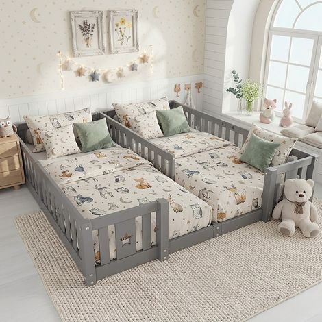 Kinder-Hausbett 180x200 cm mit Rausfallschutz, massives Kiefernholz, Montessori-Bodenbett, 1-Personen-Bett - Grau