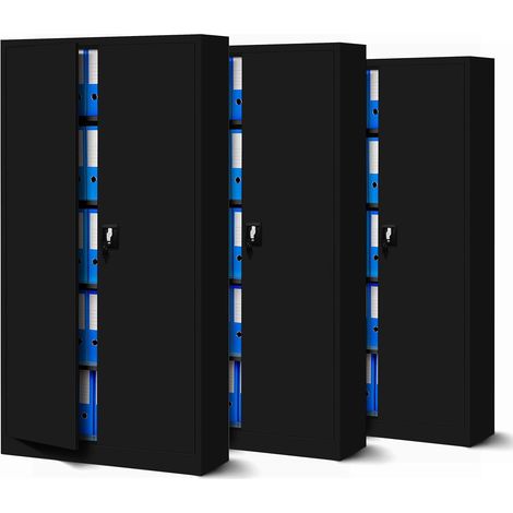3er Set Aktenschrank C001 Metallschrank Stahlschrank Werkzeugschrank Büroschrank Lagerschrank Universalschrank Pulverbeschichtung Flügeltüren 185 cm x 90 cm x 40 cm (schwarz/schwarz)