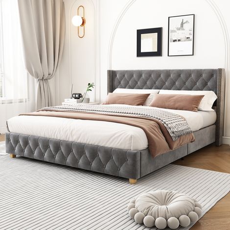 Cama tapizada clásica 140x190 cm en terciopelo gris con cabecero capitoné, somier de láminas y patas reforzadas (1/5)