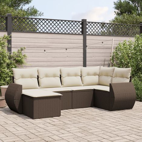 Ensemble Salon Jardin 6 Places en Résine Tressée Marron - Canapé Modulaire avec Coussins Crème et Rangement Intégré (1/3)