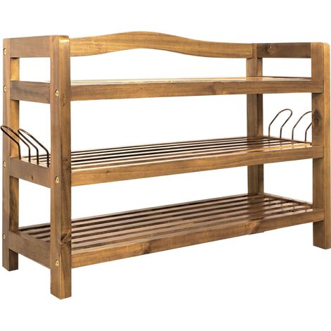 CASARIA® Shoe Rack Solid Acacia Wood Rustic Design Hallway, Bathroom, Kitchen Shoe Boot Footwear Storage Cabinet Dark Brown 3 Shelves