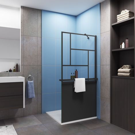 Paroi de douche à l'italienne type atelier 90x200cm installé avec une de barre de fixation d’angle de 45cm,livré avec étagère de douche noir