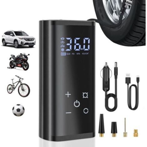 Gonfleur de pneu de voiture portable, modèle à affichage numérique tactile comme Autre batterie externe (trois Autre batteries) 6000 mAh, moto et voiture.