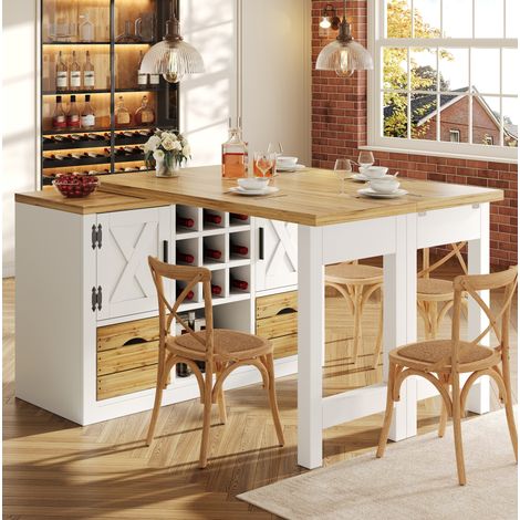 Table îlot de cuisine extensible 120-197 cm avec buffet pivotant 360°, MDF blanc (1/5)