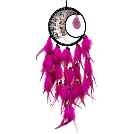 Décoration murale artisanale attrape-rêves avec pompons à plumes et pendentif en cristal, rose rouge, pour la décoration de la voiture et de la maison (1/4)