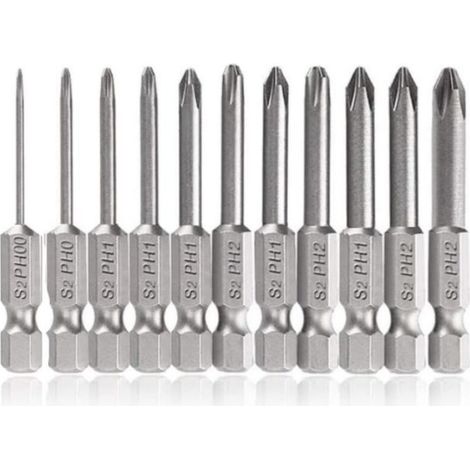 Set di 11 punte per cacciavite Phillips, 1/4", punte magnetiche a testa esagonale PH00 PH0 PH1 PH2, lunghe 50 mm (1/5)