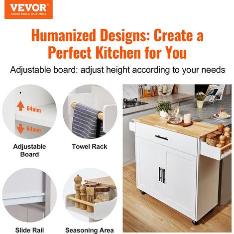 Îlot Central 90x39 cm Desserte de Cuisine à Roulettes 1 Armoire 1 Tiroir Meuble de Cuisine avec Plan de Travail en Bois Abattant 90… (1/5)