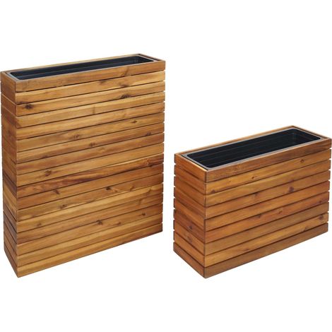 Lot de 2 bacs à plantes HWC-L21 - bac à plantes pot de fleurs surélevé - anguleux Outdoor Acacia bois certifié MVG - brun (1/5)