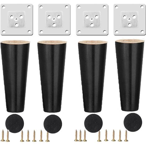 4pcs Pieds de Meubles en Bois, 10cm Pieds de Canapé Remplacement en Bois avec Coussin Silp, Vis et Plaque Montage pour Table et Chaises Armoire Lit Vanité Pieds Noir (1/5)