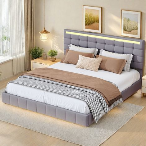 Lit double capitonné 160 x 200–Lit suspendu avec bandeau lumineux LED réglable–Sommier à lattes–Tête de lit réglable en hauteur–2 ports USB–Lin gris