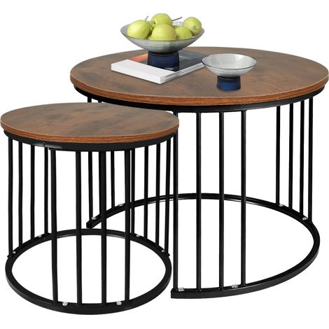 Lot de 2 tables basses gigognes rondes 60/40cm – Structure métal Noir– Plateau bois – Design industriel chic – Montage facile (1/5)