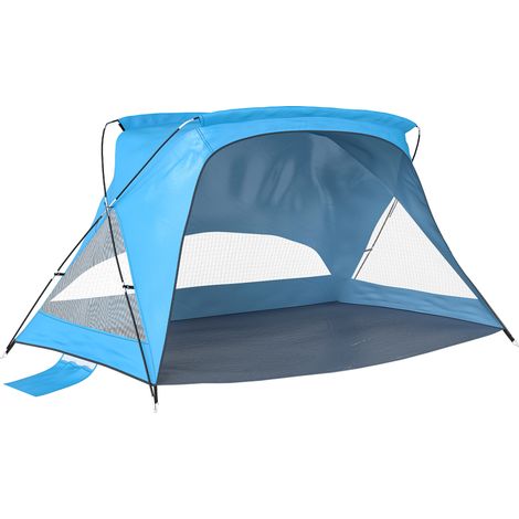 Outsunny tienda de playa plegable para 2-3 personas con sacos de arena, puerta, ventanas, upf30+, bolsa de transporte y bolsillo, azul cielo