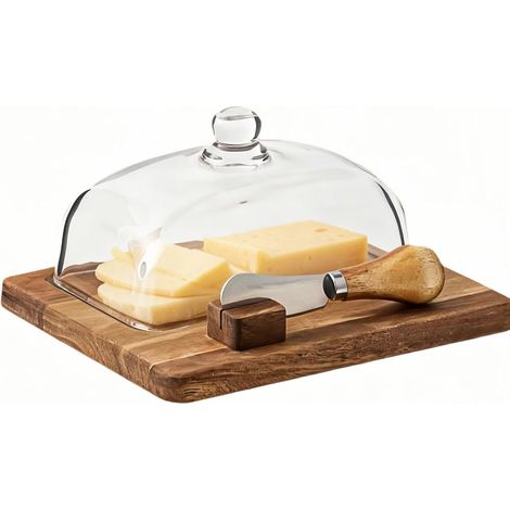 Beurrier en bois - Beurrier avec couteau à beurre - Couvercle en verre et couteau inclus - Base planche à découper - Décoration pour plan de travail - (1/5)