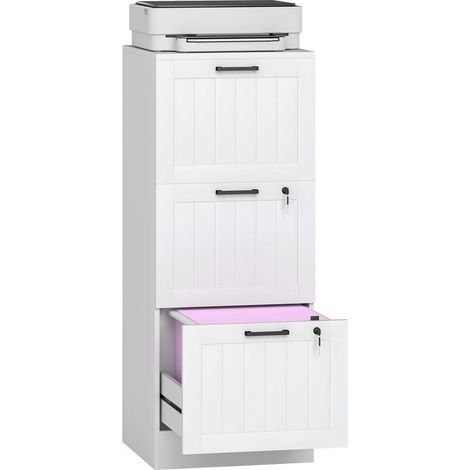 Classeur blanc 3 tiroirs avec rails de suspension réglables pour formats A4 et Lettre, rangement bureau professionnel