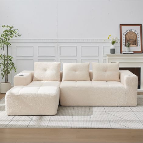 Canapé d’angle 258 cm beige en polyester rembourré avec porte-gobelets (1/5)