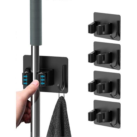 Filiyano – Support pour balai à franges, lot de 4 supports auto-adhésifs en acier inoxydable, fixation murale avec crochet, support pour manche à (1/5)