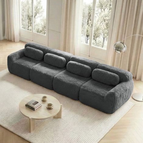Canapé 4 places modulable en tissu peluche, base antidérapante, gris, 378 x 104 x 73 cm (1/5)