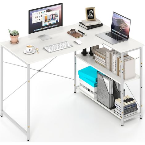 Escritorio esquinero reversible en forma de L con estante ajustable, blanco