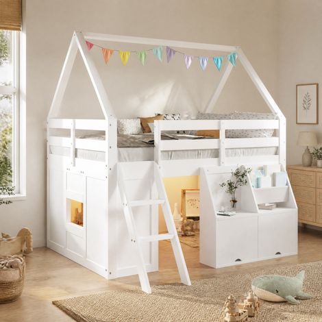 Lit mezzanine enfant 140x200 cm en bois blanc, gain de place pour chambre, sans matelas FloraGrace (1/5)