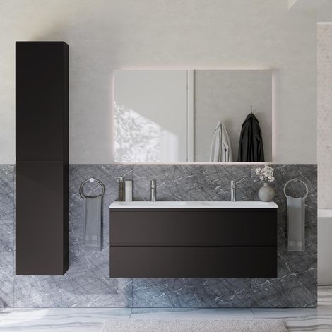 BERNSTEIN - Ensemble meuble vasque 120x46x50cm + Armoire Colonne 35x35x170cm & Miroir carré LED dimmable 120x70cm (LxH) - Noir mat - AVA