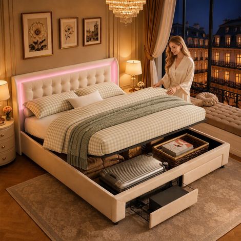 Lit Coffre 180x200 cm avec Sommier,Lit Double Rembourré avec éclairage LED,Cadre de Lit avec 2 tiroirs et Espace de Rangement,Lit 2 Personnes pour Adultes et Adolescents,Velours Beige,sans Matelas (1/5)