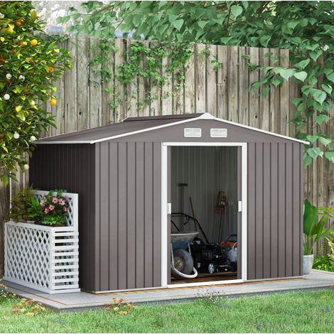 Casetta da giardino in metallo con base 277 x 195 x 196 cm grigia per attrezzi e utensili OKWISH (1/5)