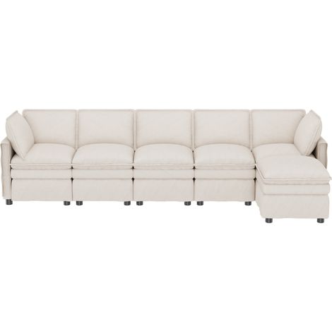 Sofá modular XXL de chenilla beige con función cama, forma U o L, con otomana móvil, 6 plazas (1/5)