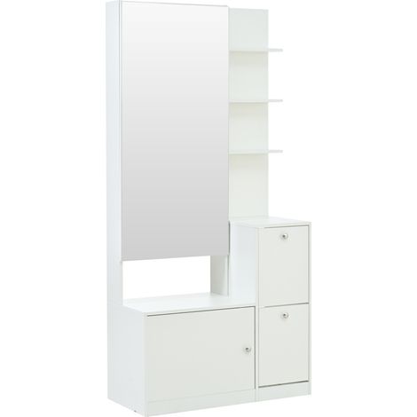 Armoire haute blanche avec miroir et 2 portes, 5 étagères ouvertes, 2 placards à chaussures, 85x40x180 cm (1/5)